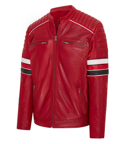 Mens Quilted Biker Leather Jacket Racing Jacket - Red