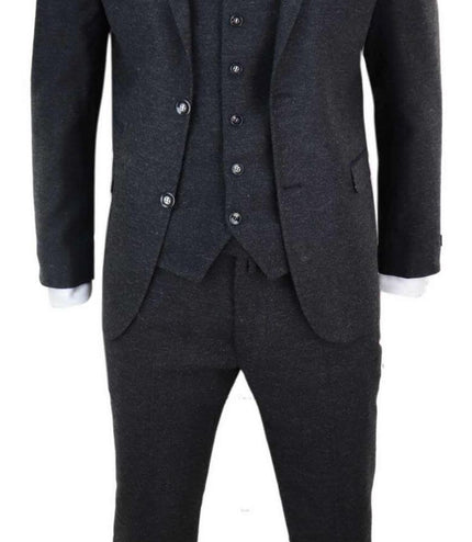 Mens 3 Piece Black Wool Tweed Vintage Retro Suit