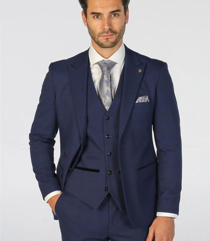 Men's Navy Checked 3 Piece Suit Tailored Fit Suit Formal Wedding