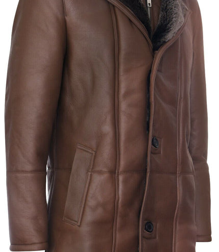 Mens Warm Shearling Sheepskin Leather Coat-Florence - Brown
