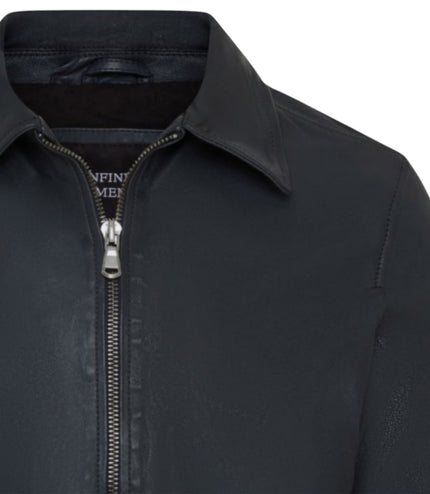 Mens Leather Blue Harrington Collar Biker Jacket - Alpha