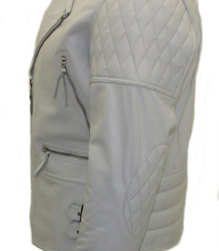 Mens Cowhide Leather Biker Jacket-Nassau - White