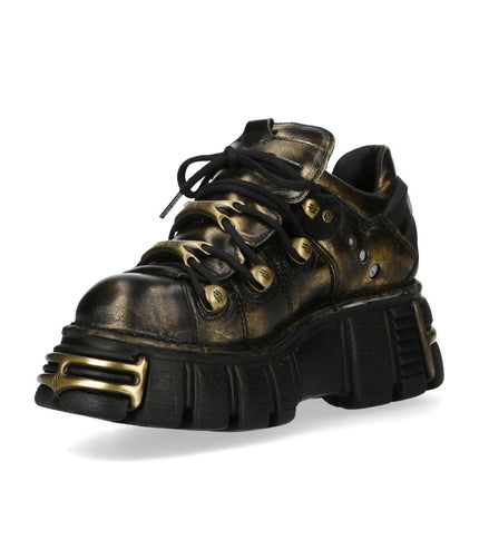 New Rock Golden Black Leather Gothic Platform Ankle Boots - M-120N-C21