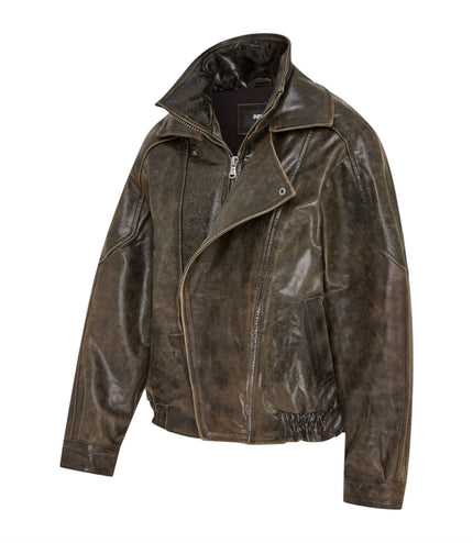Mens Brown Cow Leather Biker Blouson Jacket - Bomber