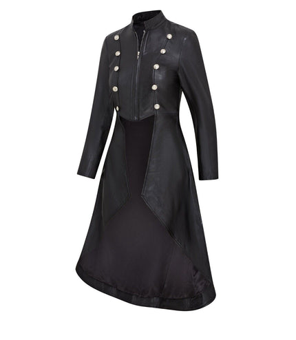Womens Gothic Full Length Edwardian Leather Coat - Atlanta - Black