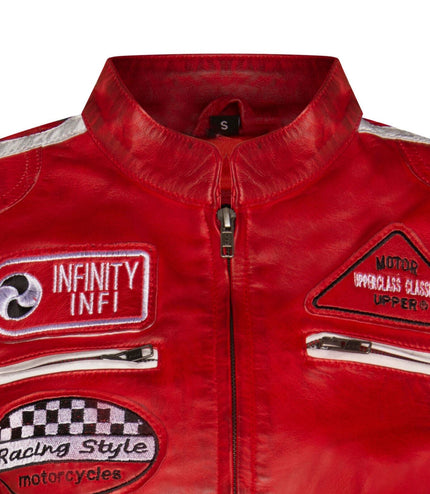 Womens Biker Racing Badges Leather Jacket-Eastleigh - Red