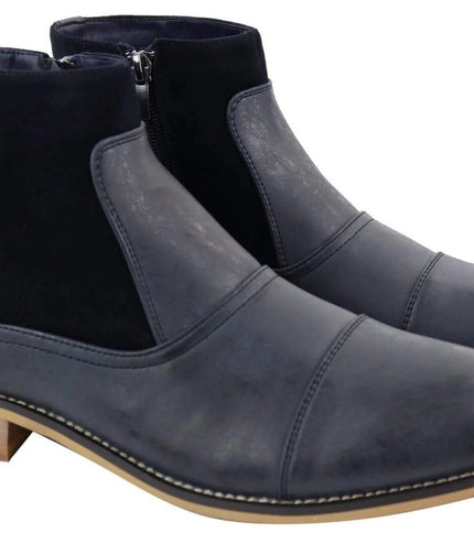 Mens Navy Leather Suede Zip Up Chelsea Boots