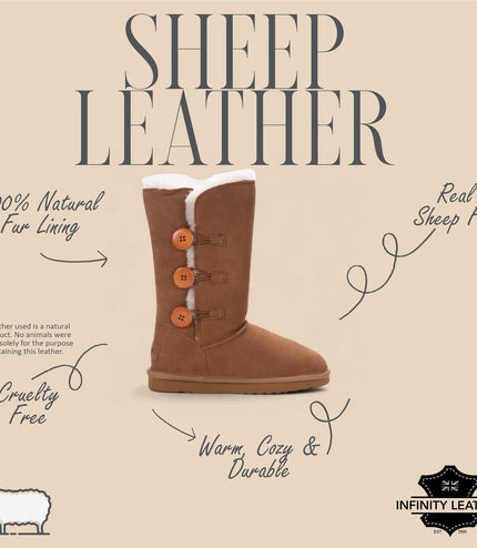 Women's Sheepskin Suede Tan Button Warm Winter Calf Boots - Willow