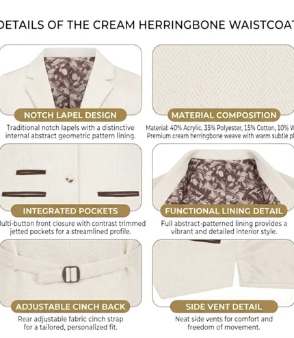 Women's Cream Herringbone Wool Tweed Check Tailored Waistcoat - WS-1