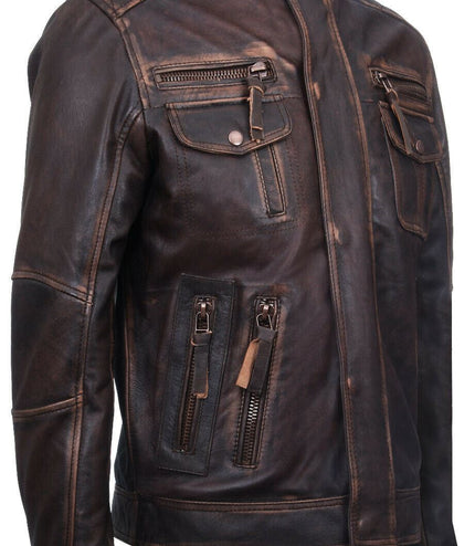 Men's Leather Retro Biker Jacket-Toronto - Brown
