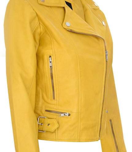 Womens Leather Biker Jacket-Stockholm - Yellow