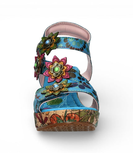 Laura Vita Women's Nellao 33 Blue Floral Leather Wedge Heel Espadrille Sandals