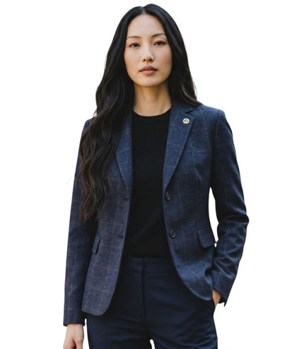 Women's Navy Tailored Check Tweed Blazer Formal Jacket - TPSTZ-7