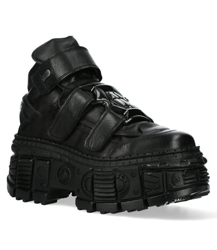 New Rock Metallic Ankle Black Leather Boots-WALL285-S2