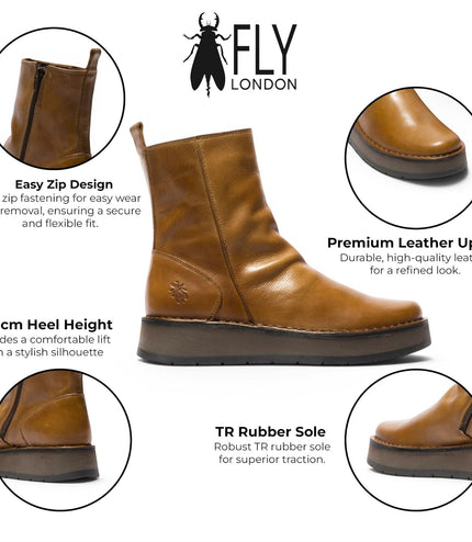 Fly London Womens Tan Leather Zip Up Platform Ankle Boots - RENO053FLY