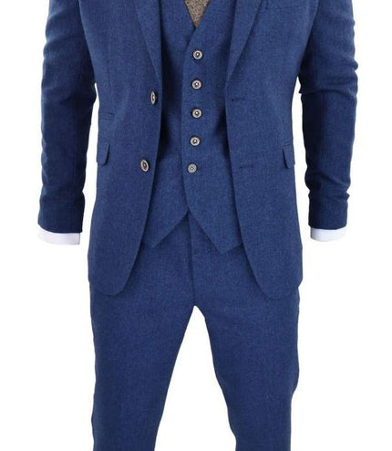 Mens 3 Piece Blue Tweed Wool Twill Vintage Classic Suit