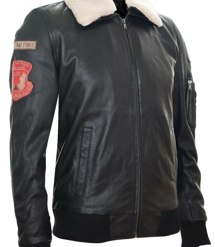 Black Leather Air Force Bomber Jacket with Detachable Collar - Valletta