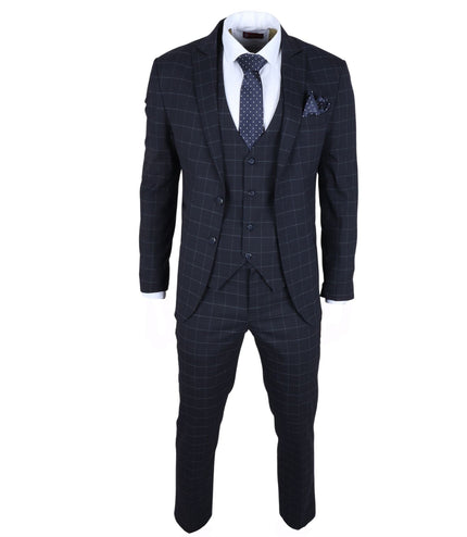 Men's Navy Checked 3 Piece Suit Tailored Fit