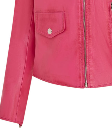 Women's Classic Brando Biker Leather Jacket - Broome - Fuschia