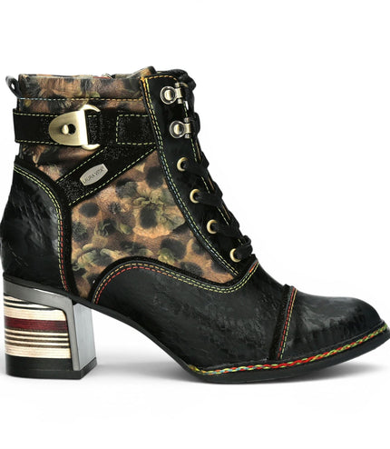 Laura Vita Women's Victorian Floral Black Leather Lace-Up Ankle Boots - Idcorao-10