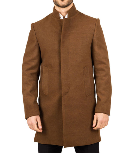 Men's Brown Stand Collar Wool Blend Overcoat