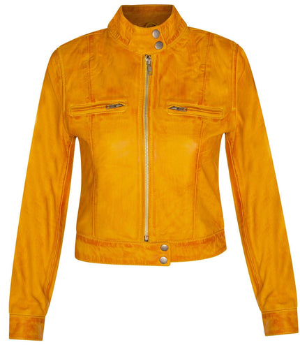 Womens Plain Leather Moto Biker Jacket-Braga - Yellow