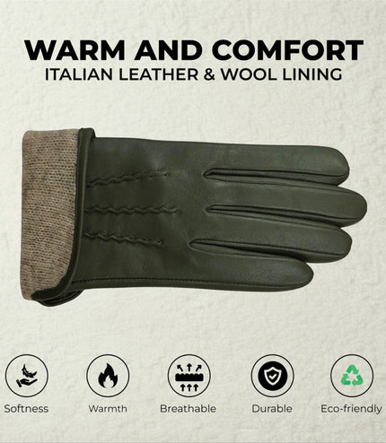 Womens Olive Green Italian Leather Winter Stitch Line Design Soft Wool Lining Gloves - L-GLV-301