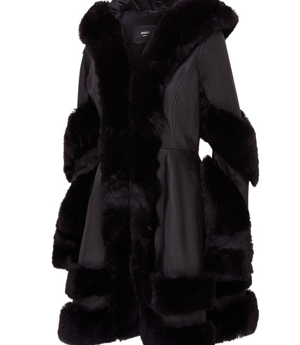 Womens Flared Black Luxury Leather Hooded Cape Coat With Fur