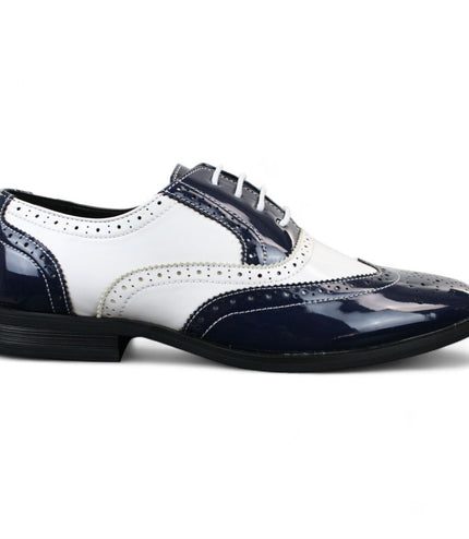 Men's Patent Lace-Up Navy White Brogues Smart Dress Shoes