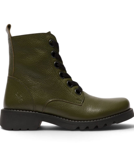 Fly London Womens Military Green Leather Lace-Up Heeled Ankle Boots - RAMY488