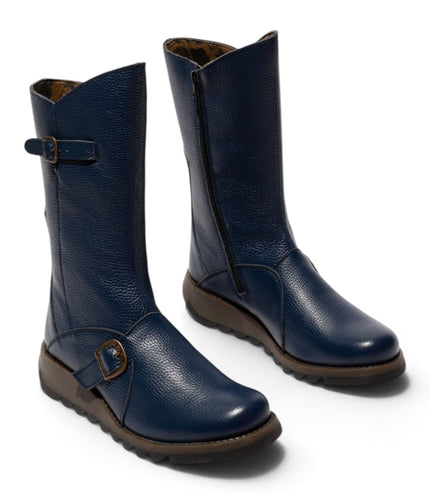 Fly London Womens Navy Blue Leather Mid-Calf Long Boots - MES2913