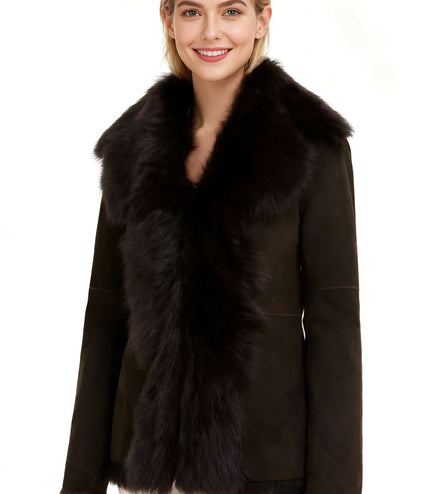 Women's Brown Sheepskin Toscana Shearling Suede Leather Jacket - NoirÃ©
