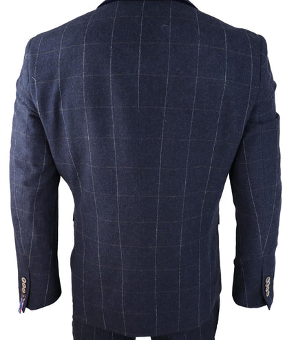 Mens 3 Piece Wool Suit Navy Blue Tweed Check Peaky Blinders 1920 Gatsby Formal