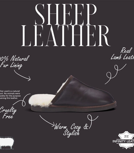 Men's Brown Genuine Lamb Leather Slippers Real Fur Mule Winter Slippers - Highland