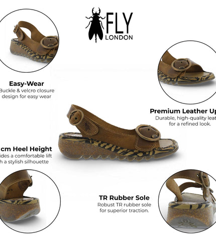 Fly London Women's TRAM723FLY Camel Brown Leather Wedge Sandals