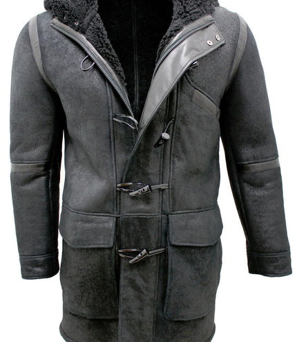 Mens Winter Sheepskin Leather Hooded Duffle Coat-Montpellier