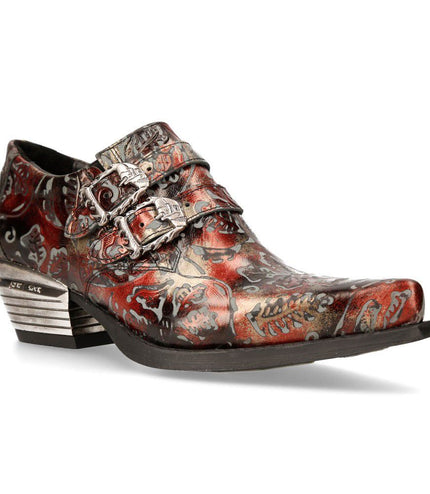 New Rock Embossed Black/Red Leather Buckled Shoes -7960-S5