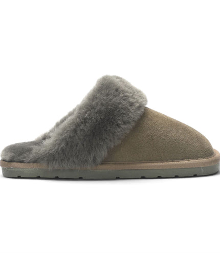 Women's Genuine Sheepskin Olive Green Suede Mule Winter Slippers - Luna