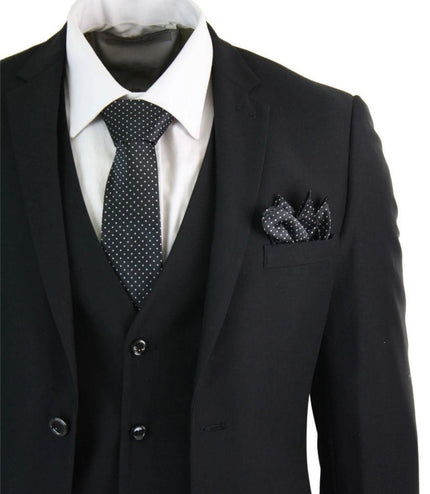 Mens 3 Piece Plain Black Classic Retro Suit