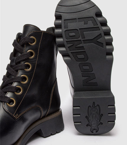 Fly London Womens Black Ragi539 Casual Rug Leather Lace-Up Ankle Boots