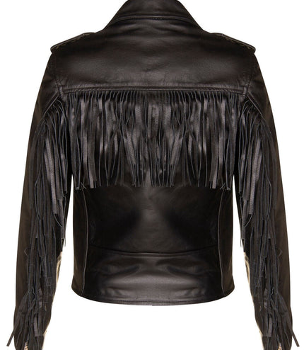 Women's Black FRINGE Leather Brando TASSELED Motorcycle Cow Hide Biker Jacket