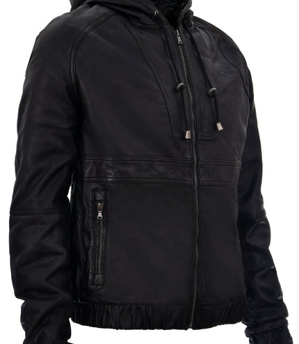 Men's Casual Leather Hooded Bomber Jacket-Odesa - Black