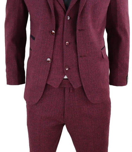 Mens 3 Piece Wine Herringbone Wool Tweed Retro Suit