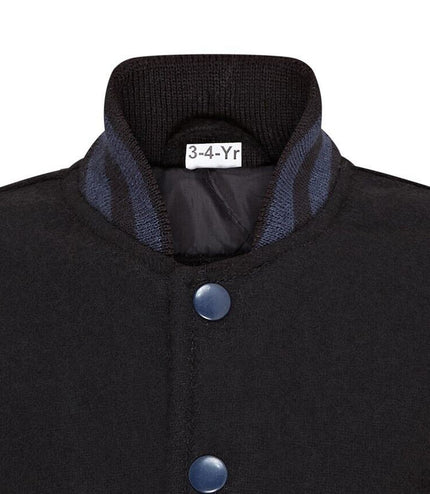 Kids Wool Varsity Black Bomber Jacket with Real Leather Sleeves