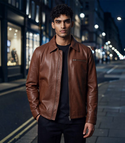 Mens Leather Tan Harrington Collar Biker Jacket - Arick