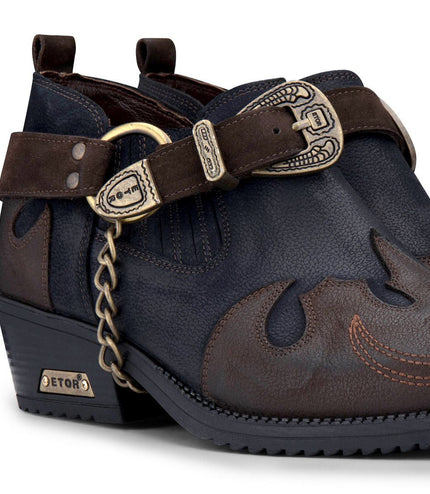 Men's Navy/Brown Leather Metal Chain Winklepicker Cowboy Boots