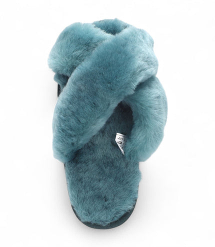 Women's Sheepskin Slippers Teal Warm Winter Fur Crossover - Snowbelle