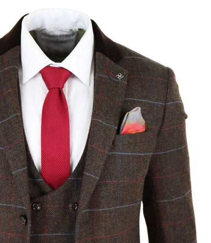 Mens 3 Piece Dark Brown Check Tweed Herringbone Vintage Classic Suit