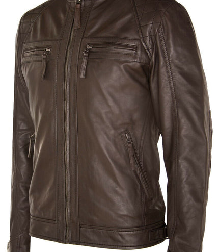 Men's Vintage Leather Quilted Biker Jacket-Monaco - Brown