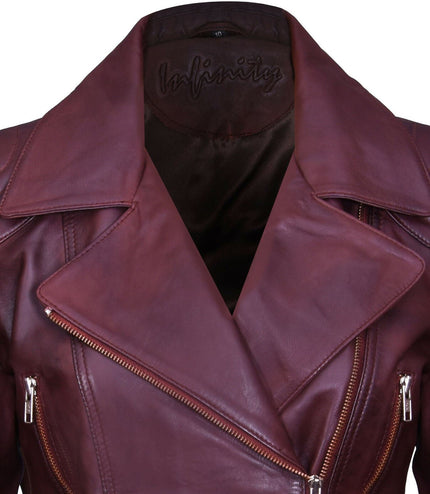 Womens Long Leather Biker Jacket-Quito - Brown